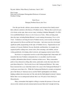 Lemire / Page 1 Keynote Address: Mass History Conference, June 6, 2011 Elise Lemire Doris and Carl Kempner Distinguished Professor of Literature Purchase College Rack Focus: