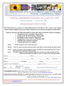 ANNUAL CONVENTION November 1st, 2nd,& 3rd, 2013 Princess Royale Ocean City, MD  SPONSORSHIP APPLICATION