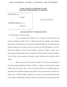 Case 3:13-cv[removed]JRS Document 6-1 Filed[removed]Page 1 of 8 PageID# 83  IN THE UNITED STATES DISTRICT COURT FOR THE EASTERN DISTRICT OF VIRGINIA DAVID KING, et al., Plaintiffs,