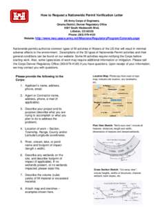 How to Request a Nationwide Permit Verification Letter US Army Corps of Engineers, Omaha District, Denver Regulatory Office 9307 South Wadsworth Blvd, Littleton, CO[removed]Phone: ([removed]