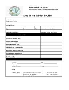 Local Lodging Tax Return Please make check payable to Lake of the Woods County Auditor LAKE OF THE WOODS COUNTY Establishment Name: Mailing Address: