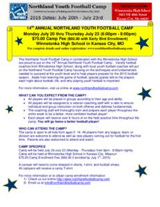 14th ANNUAL NORTHLAND YOUTH FOOTBALL CAMP Monday July 20 thru Thursday July 23 (6:00pm - 8:00pm) $75.00 Camp Fee ($60.00 with Early Bird Enrollment) Winnetonka High School in Kansas City, MO For complete details and onli