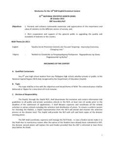 Attachment 1  Mechanics for the 16th BSP-DepEd Oratorical Contest 22nd NATIONAL STATISTICS MONTH (NSM) 28 October 2011 BSP Assembly Hall