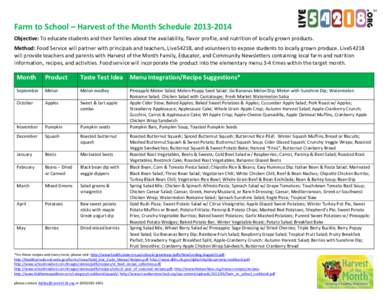 Farm to School – Harvest of the Month Schedule[removed]Objective: To educate students and their families about the availability, flavor profile, and nutrition of locally grown products. Method: Food Service will part