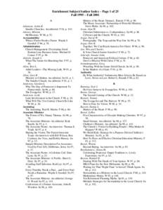 Enrichment Subject/Author Index – Page 1 of 25 Fall 1995 – Fall 2001 A Adamson, Arden K. Smaller Churches. An editorial. F 01, p[removed]Adeney, Miriam