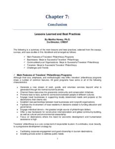 Chapter 7: Conclusion Lessons Learned and Best Practices By Martha Honey, Ph.D. Co-Director, CREST