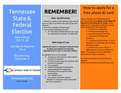 Tennessee State & Federal Election Early Voting: Oct