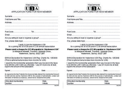 Haslemere  Haslemere APPLICATION FORM FOR NEW MEMBER
