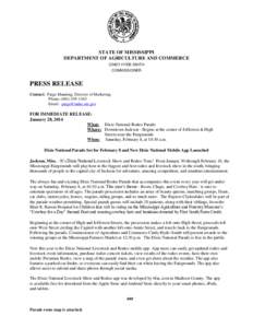 STATE OF MISSISSIPPI DEPARTMENT OF AGRICULTURE AND COMMERCE CINDY HYDE-SMITH COMMISSIONER  PRESS RELEASE