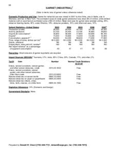 66  GARNET (INDUSTRIAL)1 (Data in metric tons of garnet unless otherwise noted) Domestic Production and Use: Garnet for industrial use was mined in 2007 by four firms, one in Idaho, one in Montana, and two in New York. T