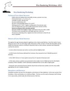 Wax Rendering Workshop- A.B.C  Wax Rendering Workshop Technical Facts About Beeswax Stable chemical makeup that essentially remains constant over time Chemical formula: C15 H31 CO2 C30 H61