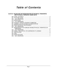 Ta b l e o f C o n t e n t s[removed]RULES FOR THE REGISTRATION OF PHYSICAL THERAPISTS AND PHYSICAL THERAPIST ASSISTANTS 000. LEGAL AUTHORITY. ..........................................................................