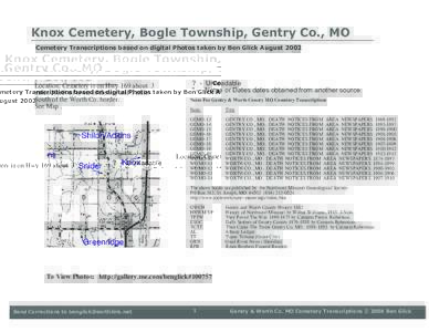 Knox Cemetery, Bogle Township, Gentry Co., MO Cemetery Transcriptions based on digital Photos taken by Ben Glick August 2002 Location: Cemetery is on Hwy 169 about 3 miles North of town of Gentry and 1 mile South of the 