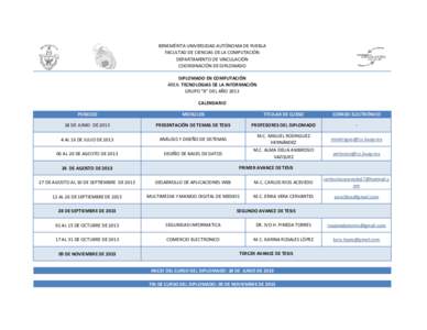 BENEMÉRITA UNIVERSIDAD AUTÓNOMA DE PUEBLA FACULTAD DE CIENCIAS DE LA COMPUTACIÓN DEPARTAMENTO DE VINCULACIÓN COORDINACIÓN DE DIPLOMADO DIPLOMADO EN COMPUTACIÓN ÁREA: TECNOLOGIAS DE LA INFORMACIÓN