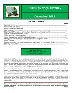 INTELLENET QUARTERLY December 2011 TABLE OF CONTENTS Page Carino’s Corner................................................................................................... 1
