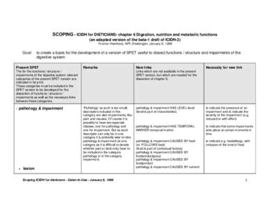 SCOPING - ICIDH for DIETICIANS- chapter 6 Digestion, nutrition and metabolic functions (an adapted version of the beta-1 draft of ICIDH-2) Yvonne Heerkens, NPI, Driebergen, January 6, 1999 Goal: