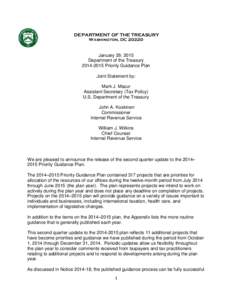 DEPARTMENT OF THE TREASURY Washington, DCJanuary 29, 2015 Department of the TreasuryPriority Guidance Plan