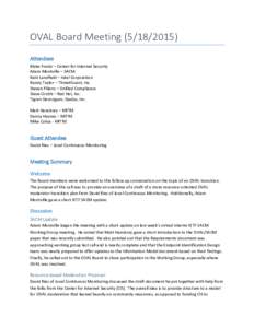 OVAL Board MeetingAttendees Blake Frantz – Center for Internet Security Adam Montville – SACM Kent Landfield – Intel Corporation Randy Taylor – ThreatGuard, Inc.
