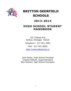 BRITTON DEERFIELD SCHOOLS[removed]HIGH SCHOOL STUDENT HANDBOOK 201 College Ave.