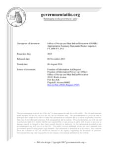 Description of document:  Office of Navajo and Hopi Indian Relocation (ONHIR) Appropriation Summary Statements (budget requests), FY 2008-FY 2013