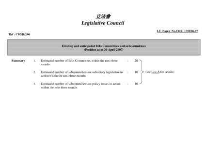 立法會 Legislative Council LC Paper No.CB[removed]Ref : CB2/R[removed]Existing and anticipated Bills Committees and subcommittees