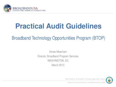 Practical Audit Guidelines Broadband Technology Opportunities Program (BTOP) Aimee Meacham Director, Broadband Program Services WASHINGTON, DC March 2013