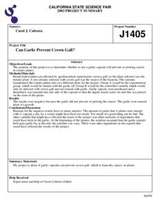 CALIFORNIA STATE SCIENCE FAIR 2003 PROJECT SUMMARY Name(s)  Carol J. Cabrera