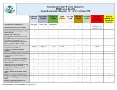 International Aviation Womens Association 2015 Sponsor Benefits Annual Conference: November 10 – 12, 2015 ● Dubai, UAE Gala Dinner/Second Dinner/Reception Free Registrations (each valued up to $795)