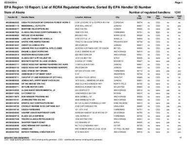 [removed]Page 1 EPA Region 10 Report: List of RCRA Regulated Handlers, Sorted By EPA Handler ID Number State of Alaska