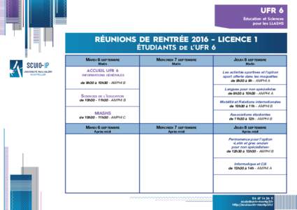 UFR 6 Éducation et Sciences pour les LLASHS RÉUNIONS DE RENTRÉELICENCE 1 ÉTUDIANTS de l’UFR 6