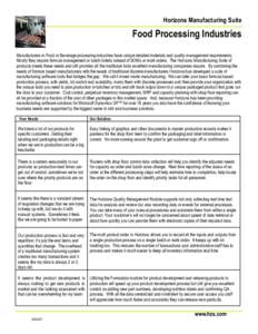 Horizons Manufacturing Suite  Food Processing Industries Manufacturers in Food or Beverage processing industries have unique detailed materials and quality management requirements. Mostly they require formula management 