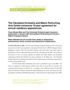 The Cleveland Orchestra and Miami Performing Arts Center announce 10-year agreement for annual residency appearances