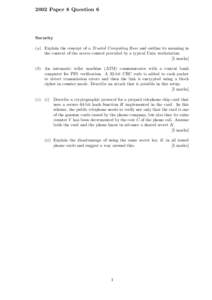 2002 Paper 8 Question 6  Security (a) Explain the concept of a Trusted Computing Base and outline its meaning in the context of the access control provided by a typical Unix workstation. [5 marks]