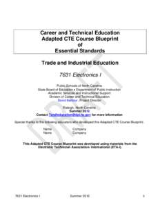 Career and Technical Education Adapted CTE Course Blueprint of Essential Standards Trade and Industrial Education 7631 Electronics I