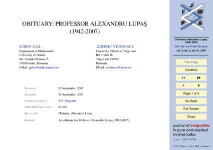 OBITUARY: PROFESSOR ALEXANDRU LUPAS¸ ([removed]Professor Alexandru Lupas¸