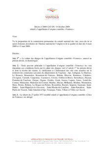 Décret n°[removed]DU 14 Octobre 2009 relatif à l’appellation d’origine contrôlée «Ventoux»
