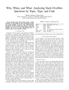 Why, When, and What: Analyzing Stack Overflow Questions by Topic, Type, and Code Miltiadis Allamanis, Charles Sutton School of Informatics, University of Edinburgh, Edinburgh EH8 9AB, UK Email: , csut