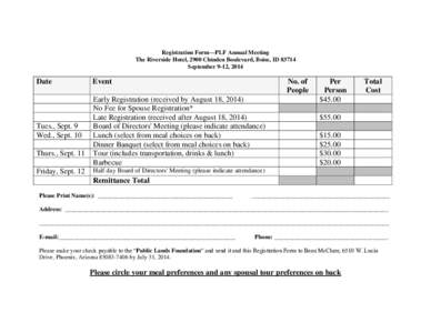 Registration Form—PLF Annual Meeting The Riverside Hotel, 2900 Chinden Boulevard, Boise, ID[removed]September 9-12, 2014 Date