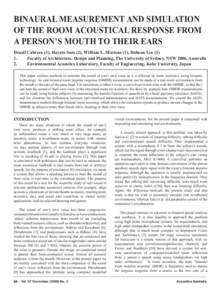 BINAURAL MEASUREMENT AND SIMULATION OF THE ROOM ACOUSTICAL RESPONSE FROM A PERSON’S MOUTH TO THEIR EARS Densil Cabrera (1), Hayato Sato (2), William L. Martens (1), Doheon LeeFaculty of Architecture, Design and