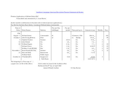 Southern Campaign American Revolution Pension Statements & Rosters Pension Application of Michael James R47 Transcribed and annotated by C. Leon Harris [Letter-number combinations in brackets refer to federal pension app