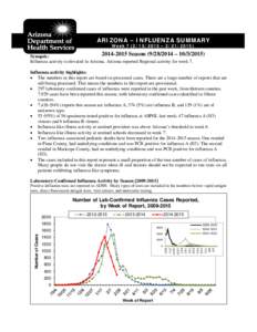 ARIZONA – INFLUENZA SUMMARY Week[removed] – [removed]2015 Season[removed] – [removed]Synopsis: Influenza activity is elevated in Arizona. Arizona reported Regional activity for week 7.