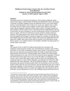 Multilateral Nuclear Export Controls After the A.Q. Khan Network Jacob Blackford1 Institute for Science and International Security (ISIS) January 13, 2005 (Updated August 2, 2005) Summary This paper assesses the strength