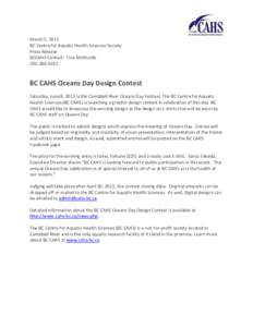 March 5, 2013 BC Centre for Aquatic Health Sciences Society Press Release BCCAHS Contact: Tina McMurdo[removed]