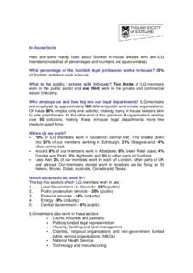 In-house facts Here are some handy facts about Scottish in-house lawyers who are ILG members (note that all percentages and numbers are approximates): What percentage of the Scottish legal profession works in-house? 25% 