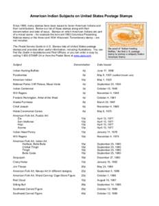 American Indian Subjects on United States Postage Stamps Since 1898, many stamps have been issued to honor American Indians and their contributions. Below is a list of those stamps along with their denomination and date 