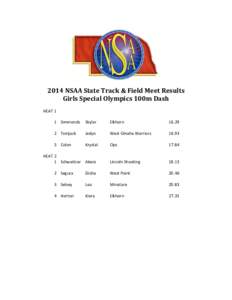    	
   2014	
  NSAA	
  State	
  Track	
  &	
  Field	
  Meet	
  Results	
   Girls	
  Special	
  Olympics	
  100m	
  Dash	
  