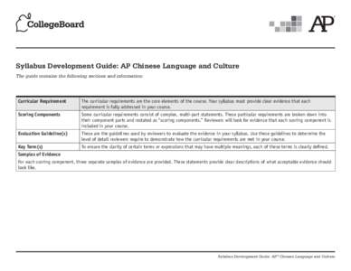 Syllabus Development Guide: AP Chinese Language and Culture The guide contains the following sections and information: Curricular Requirement  The curricular requirements are the core elements of the course. Your syllabu