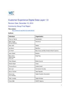 Customer Experience Digital Data Layer 1.0 Revision Date: December 10, 2013 Community Group Final Report This version: http://www.w3.org[removed]ceddl[removed]Authors: