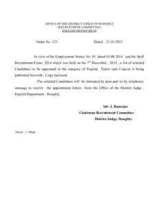 OFFICE OF THE DISTRICT JUDGE OF HOOGHLY (RECRUITMENT COMMITTEE) ENGLISH DEPARTMENT Order No. 123