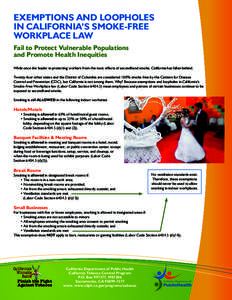 EXEMPTIONS AND LOOPHOLES IN CALIFORNIA’S SMOKE-FREE WORKPLACE LAW Fail to Protect Vulnerable Populations and Promote Health Inequities While once the leader in protecting workers from the toxic effects of secondhand sm